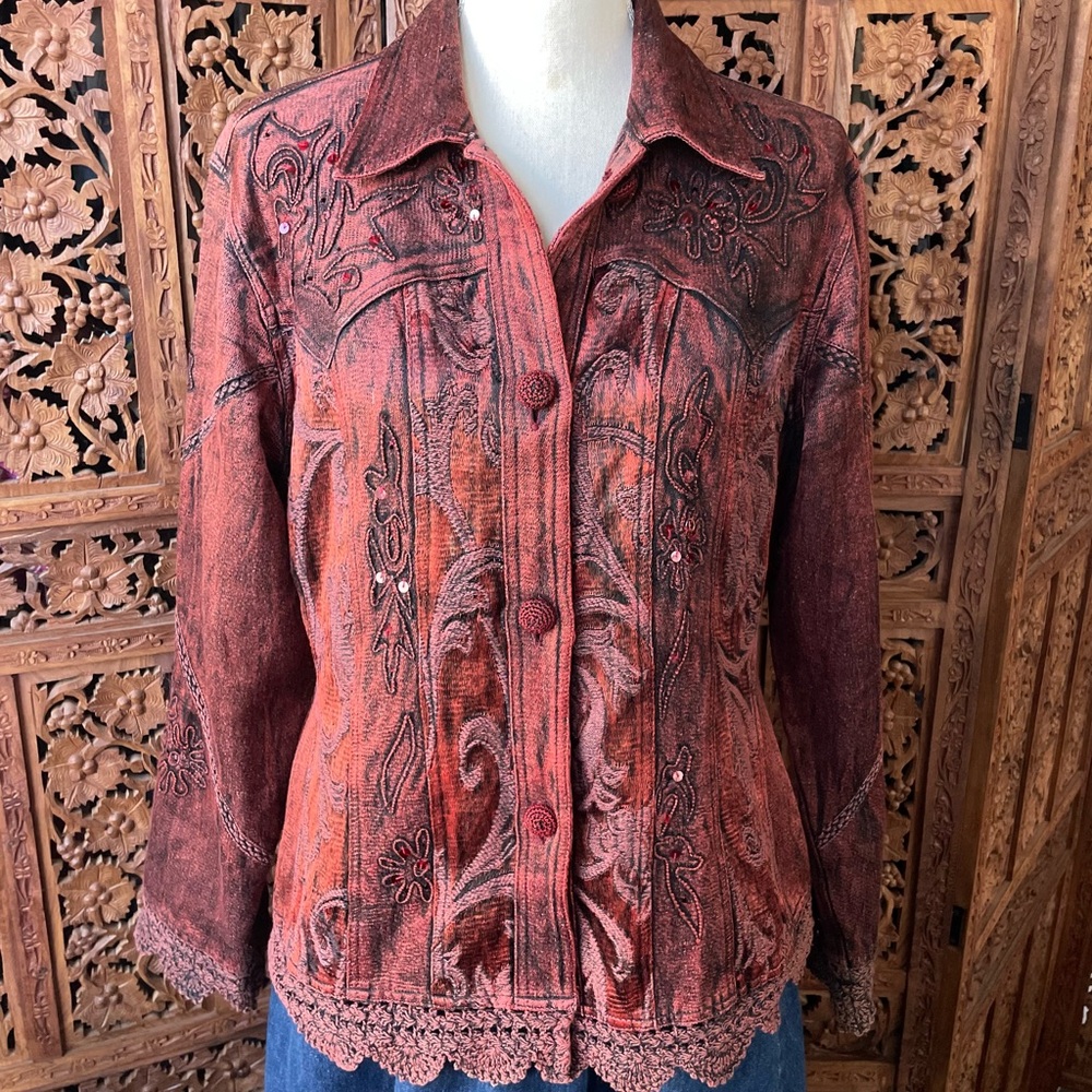 Vintage Embroidered Textile Tapestry Crochet Distressed Western Button-Up Jacket